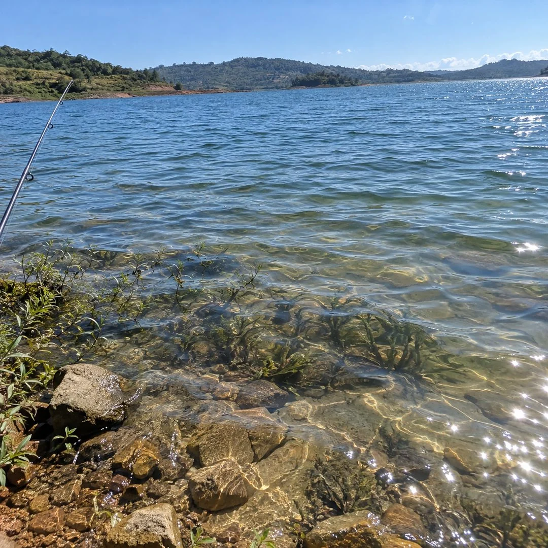 Água clara e ensolarada em local de pesca